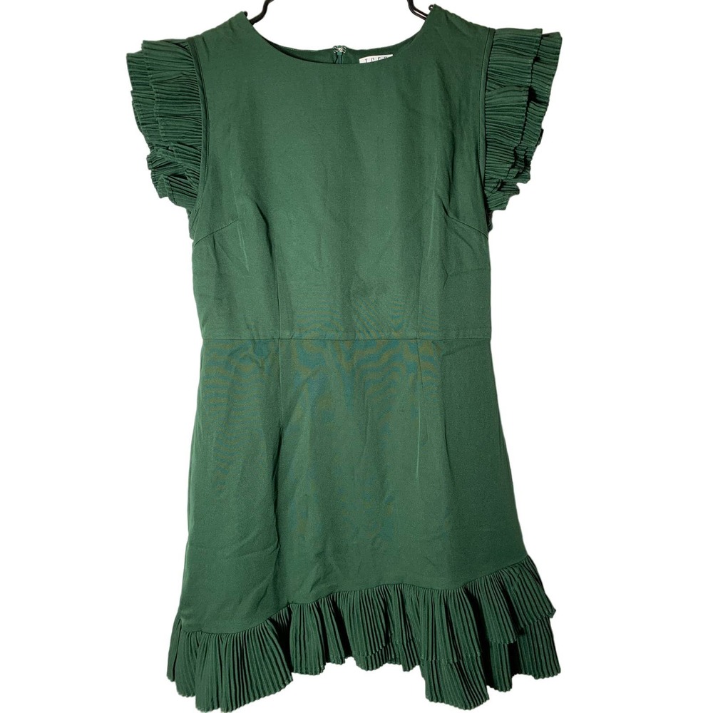 NWT TCEC Dark Green Pleated Ruffle Sleeveless Dress Sz M